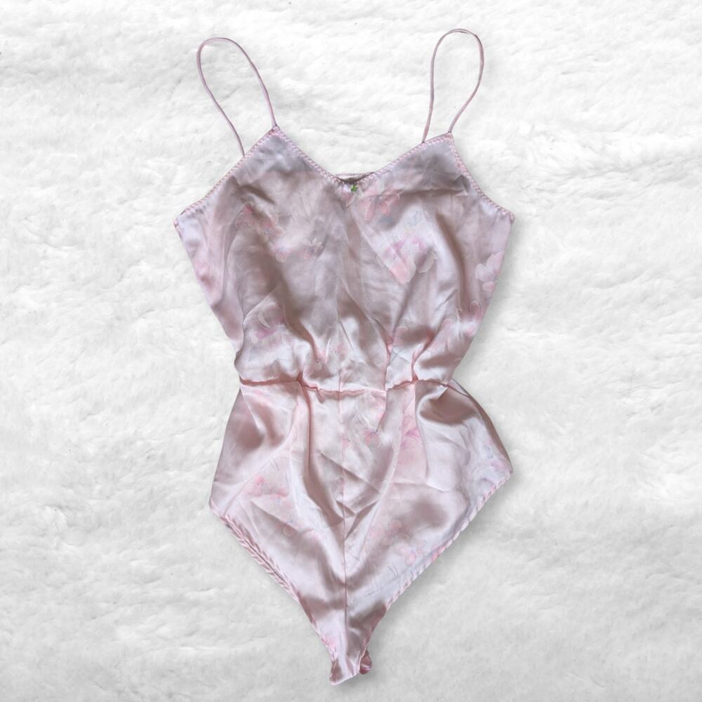 vintage jennifer dale pink floral satin teddy bodysuit lingerie